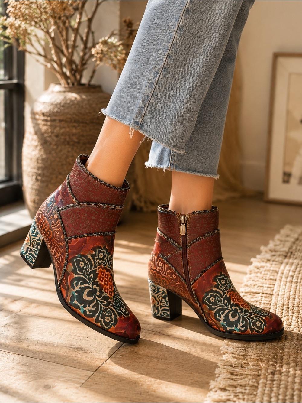 L'Artiste Cherish Bootie Sz 36 (US 5.5-6) Brown Floral Block Heel NWOB